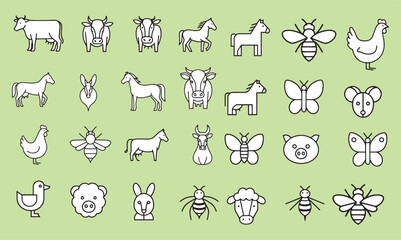 Fototapeta premium Farm Animals Outline Icons: Minimalist Vector Set Featuring Cow, Horse, Pig, Chicken, Bee, and Butterfly for Agricultural Design