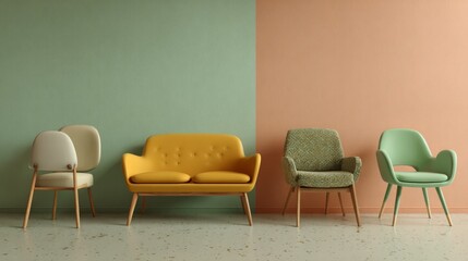 Obraz premium Minimalist Retro-Inspired Lounge Scene with Pastel Colors and Modern Chairs
