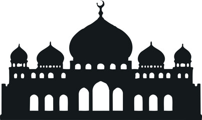 A dark silhouette of a grand mosque with multiple domes and arches against a black background, forming a minimal Islamic architectural design. © Baby AI