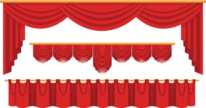 Set of luxury red theater curtains and elegant stage valances with tassels cad drawing flat vector illustration