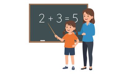 Schoolgirl learning math with teacher on blackboard