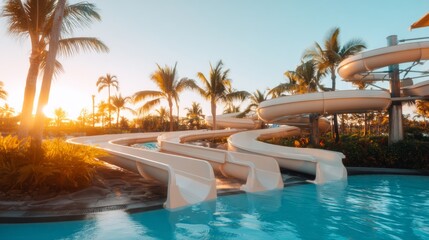 Obraz premium Gentle Winding Water Slide Curving Through Tropical Paradise at Sunset