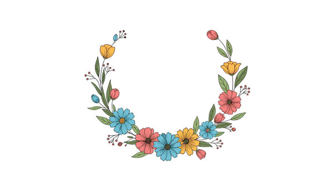 Delicate semicircular floral wreath made of hand drawn wildflowers in shades of blue, orange, and red with green leaves.