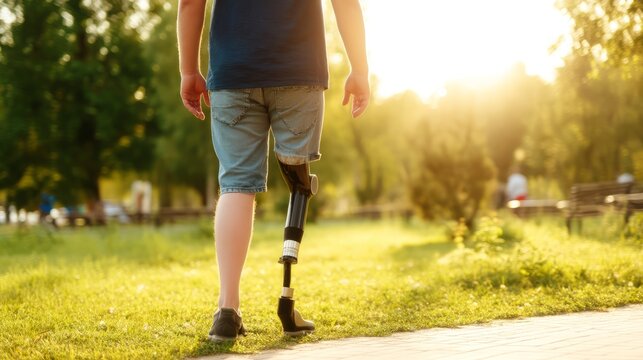 Man Walking Outdoors with Prosthetic Leg, Practicing Mobility in Sunshine