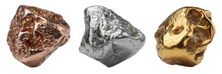 Three metallic nuggets gold silver copper isolated on a transparent background