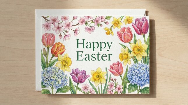 Vibrant Easter card with colorful spring flowers and green Happy Easter text