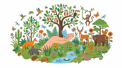 Diverse Nature Scene with Animals Plants and Human Hand Caring for Butterfly