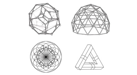 Geometric wireframe shapes set with polyhedron dome spirograph mandala and impossible triangle outline, abstract line art icons