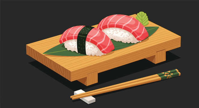 Two pieces of fresh tuna nigiri sushi are served on a wooden board with green leaves, wasabi, and a pair of chopsticks.