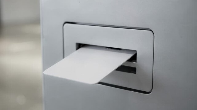 Medium shot of a closeup on the kiosks card slot ejecting a freshly printed photo ID card with the environment softly out of focus.