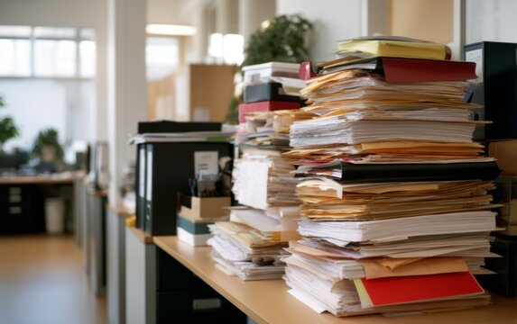 Cluttered Office Storage Room with Piles of Paperwork and Files
