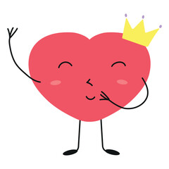 Cute cartoon heart character with a royal crown waving and smiling. This happy, blushing red heart mascot is a flat vector illustration, perfect for love or royalty concepts.