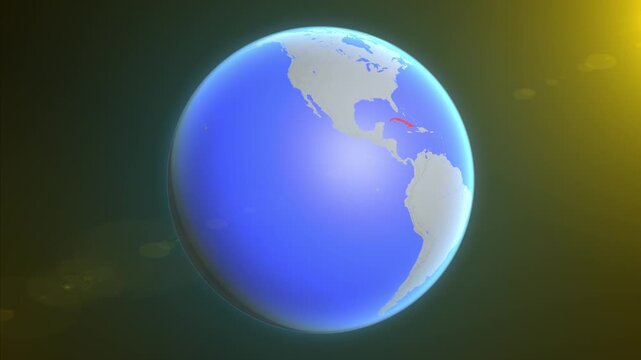 The animation shows a graphic representation of the earth and highlights the location and map of Cuba colored red.