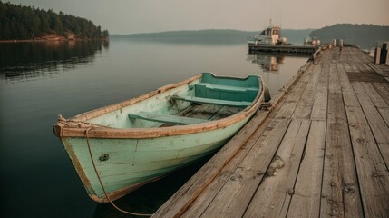Vintage Rowboat Resting on Weathered Wooden Dock Beside Calm Water