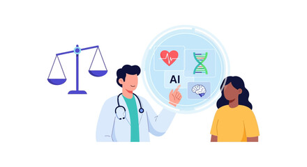Fototapeta premium Balancing AI & Ethics in Healthcare: Doctor Explains Medical AI to Patient with Justice Scales