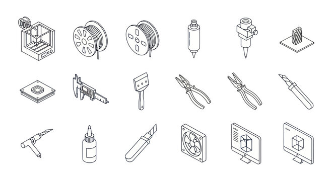 3D Printing Tools and Equipment Icons Set - Isometric Line Art