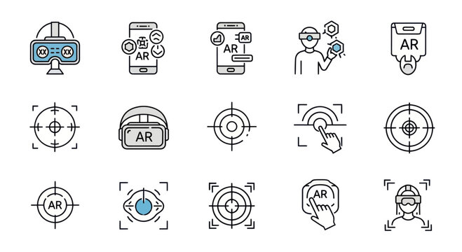 Augmented Reality Icons Set: VR Headset, AR App, Target and Hand Interaction