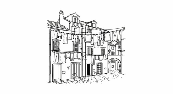 An artistic sketch of buildings with laundry hanging on clotheslines between them