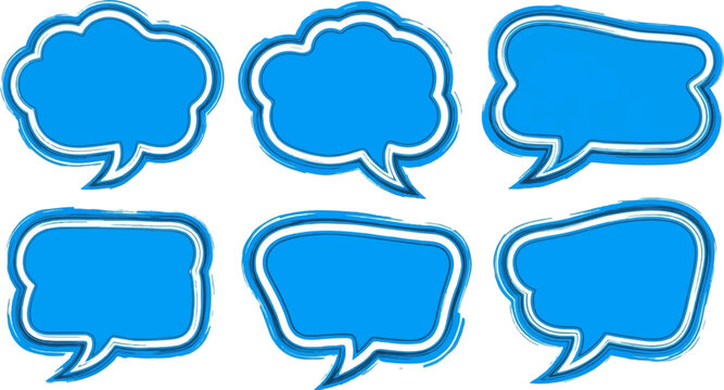 Six blue speech bubble shapes with textured borders against a white background
