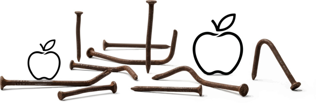 Rusty metal fasteners and stylized fruit silhouettes on a white background