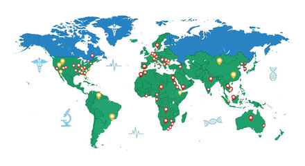 Fototapeta premium Global Medical & Research Network Map with Location Pins and Healthcare Icons