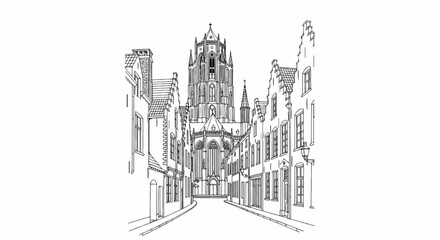 Fototapeta premium A sketch of a grand cathedral at the end of a charming street