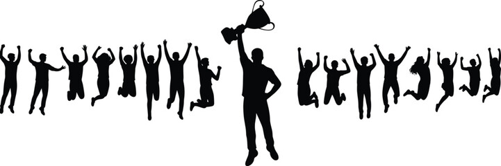 Large collection of black silhouettes featuring a champion holding a trophy cup high and diverse people jumping for joy and cheering isolated on white