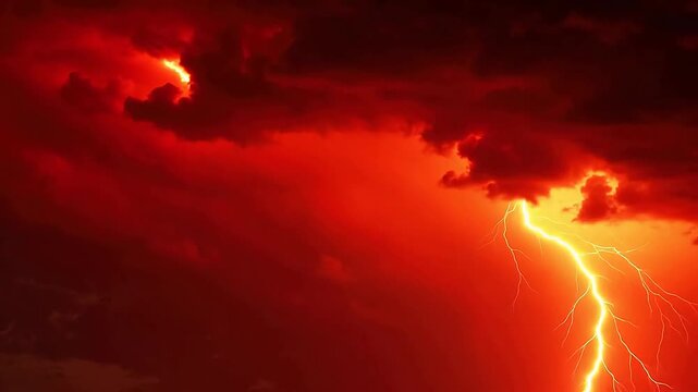 Lightning striking through red sky