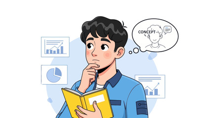 Young man thinking with book and concept bubble illustration