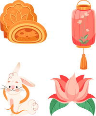 Fototapeta premium Mid Autumn Festival Illustration Set with Mooncake, Lantern, Rabbit and Lotus Flower