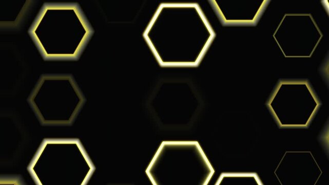 Abstract seamless loop of glowing yellow hexagonal shapes moving and fading on a dark background, creating a futuristic digital pattern for technology and business presentations