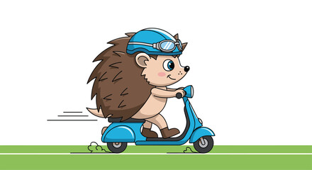 Naklejka premium Cheerful hedgehog wearing a blue helmet and goggles riding a blue motor scooter along a green grassy road.