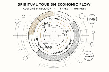 Obraz premium Spiritual Tourism Economic Flow Model and Cultural Revenue Ecosystem illustration