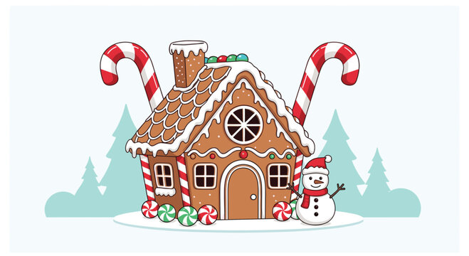 Colorful gingerbread house decorated with frosting, candy canes, a snowman, and peppermint candies in a snowy winter landscape.