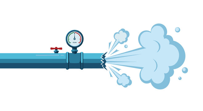 Industrial blue pipe with a pressure gauge and valve leaking white steam or gas against a clean white background.