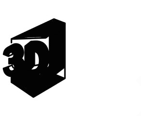 Black three-dimensional isometric graphic element with prominent "3D" text