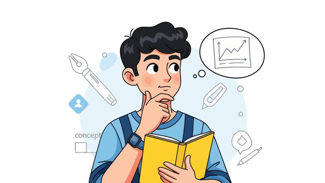 Young man thinking with book and thought bubble graphic vector illustration