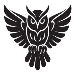 Obraz premium Stylized black silhouette of majestic owl with wide open wings for mystical design or spiritual emblem graphic element