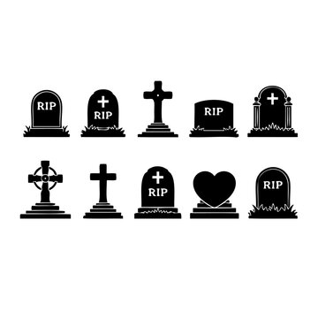 A collection of various gravestone and memorial designs in black and white