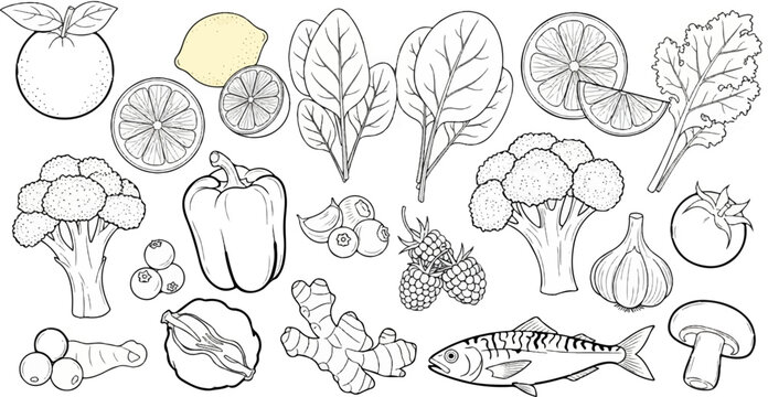 A collection of fresh produce and a fish, rendered in black and white line art