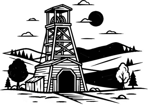 Rustic wooden mine shaft tower with hoist wheel against dark, rolling hills and sky