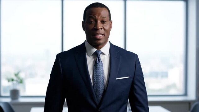 Confident presenter in a professional setting speaks directly to camera in a high-quality VIDEO presentation
