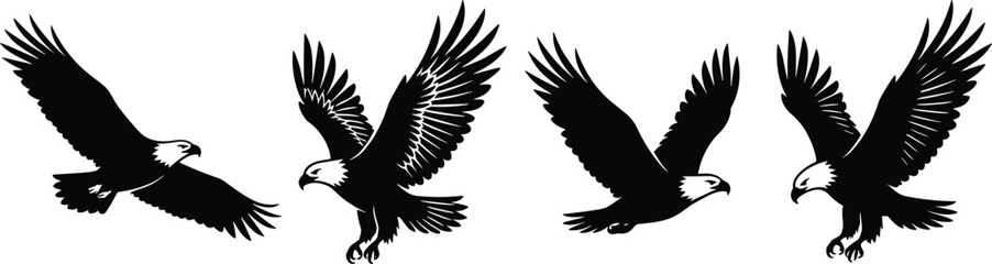 Obraz premium Bald Eagle Silhouette Collection Flying and Landing Bird of Prey Vector Illustration Set Isolated on White Background