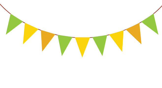 Simple string of colorful triangle bunting flags in green, yellow, and orange colors for party, birthday, and celebration decorations.