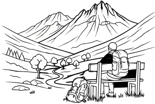 Hiker rests on a bench overlooking a mountain valley and winding path