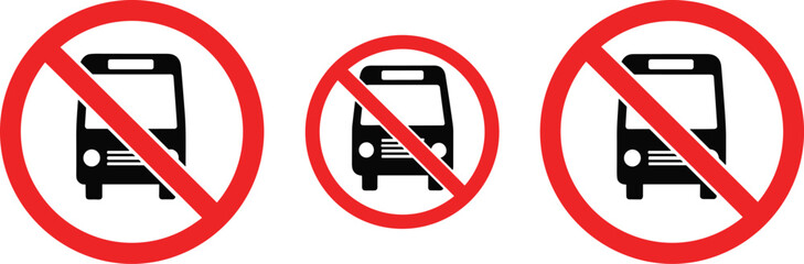 No bus sign icon set with prohibited public transport symbol red restriction circle traffic regulation vector illustration