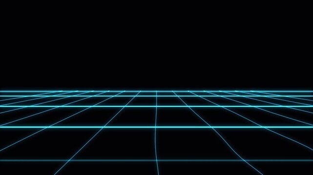 Abstract blue glowing neon grid moving in perspective on a dark black background, ideal for futuristic technology, digital data, or virtual reality concepts and presentations.