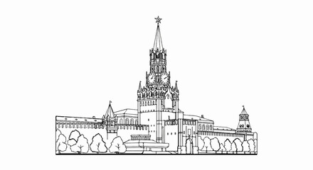 Fototapeta premium Detailed line drawing of an ornate clock tower and surrounding fortress walls