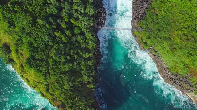 Top-down drone view of lush green coastal cliff surrounded by clear turquoise ocean water and crashing waves in tropical setting. Located in Kalong Island, Yogyakarta