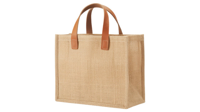 Tan tote bag with leather handles on white background isolated on a transparent background